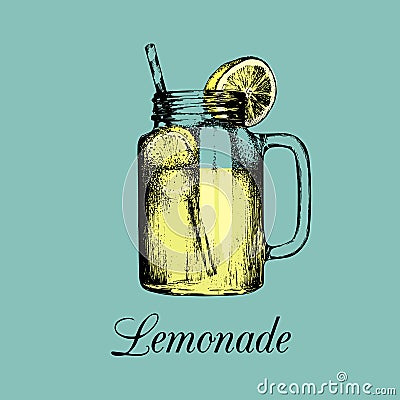 Mason jar isolated. Vector home made lemonade with straw and slice of lemon color illustration. Sketch of soft drink. Vector Illustration