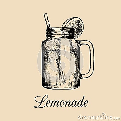 Mason jar isolated.Vector home made lemonade with straw and slice of lemon illustration.Hand drawn sketch of soft drink. Vector Illustration