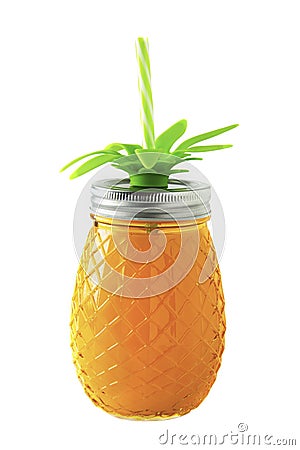Mason jar, pineapple shape, summer juice or cocktail drink isolated. Tempalte for design, summer holidays, vacation concept Stock Photo