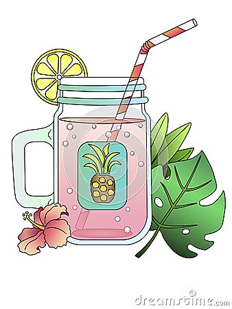 Mason jar. Mason`s bottle of carbonated drink is decorated with tropical plants - hibiscus and palm leaves, as well as a lemon and Vector Illustration