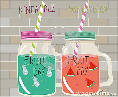 Mason jar with smoothie pineapple and watermelon Vector Illustration