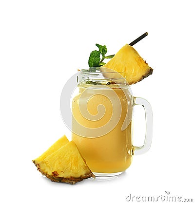 Mason jar with tasty pineapple smoothie on white background Stock Photo