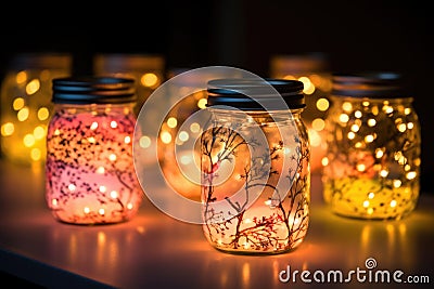 mason jars converted into decorative fairy lights Stock Photo