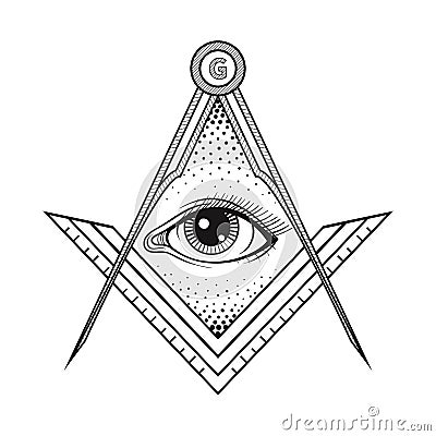 Masonic square and compass symbol with All seeing eye , Freemason sacred society emblem for tattoo design art. Isolated vector il Vector Illustration