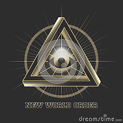 Masonic Symbol All Seeing Eye in Triangle on Black Background Vector Illustration