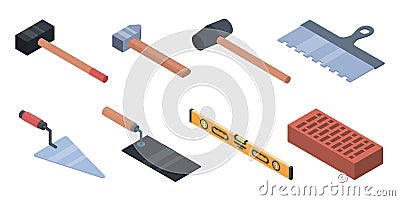 Masonry worker icons set, isometric style Vector Illustration