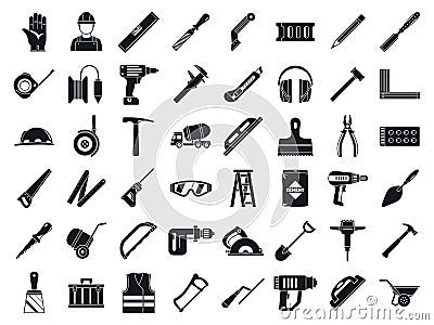 Masonry worker tools icon set, simple style Vector Illustration