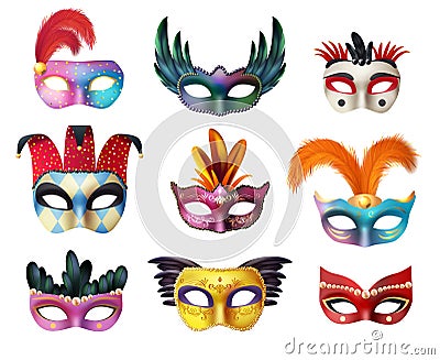 Masquerade Carnival Face Masks Realistic Set Vector Illustration