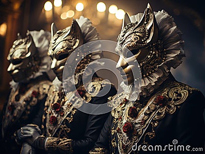 Masquerade Elegance: A Group of Individually Dressed Individuals in Cat Masks Stock Photo