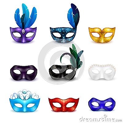 Masquerade Mask Realistic Icon Set Vector Illustration