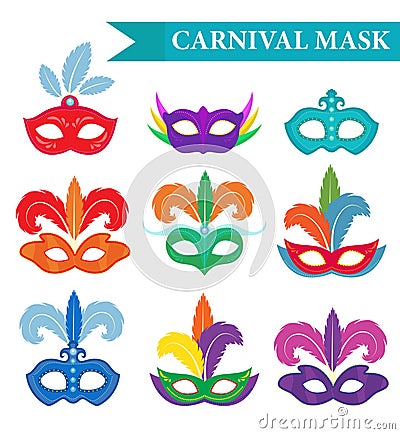 Masquerade mask set, flat style. Carnival collection isolated on white background. Party. Vector illustration, clip art Vector Illustration