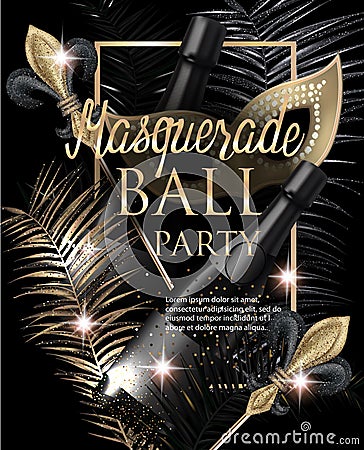 MASQUERADE PARTY INVITATION CARD WITH CARNIVAL DECO OBJECTS. GOLD AND BLACK. Vector Illustration