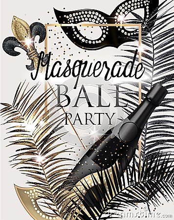 MASQUERADE PARTY INVITATION CARD WITH CARNIVAL DECO OBJECTS . GOLD, WHITE AND BLACK. Vector Illustration