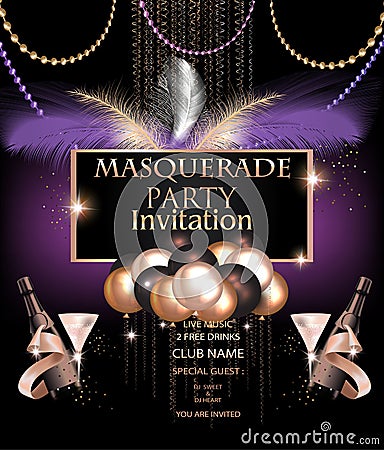 MASQUERADE PARTY INVITATION CARD WITH CARNIVAL PARTY DECO OBJECTS. Vector Illustration