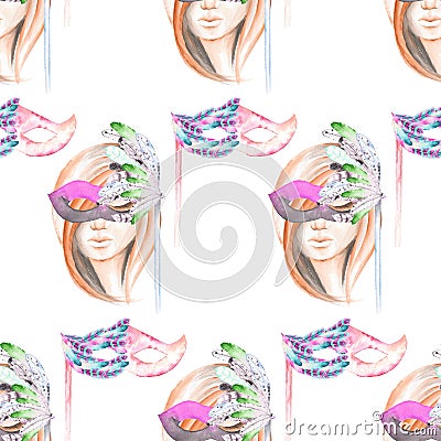 Masquerade theme seamless pattern with female image masked Venetian style Stock Photo