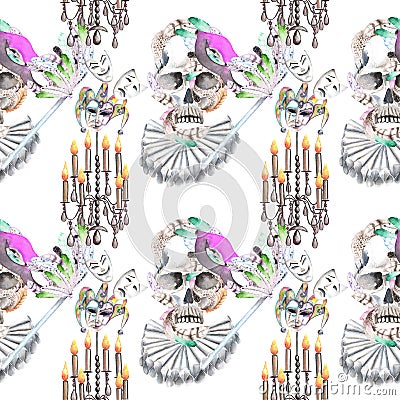 Masquerade theme seamless pattern with skulls, chandeliers with candles and masks in Venetian style Stock Photo