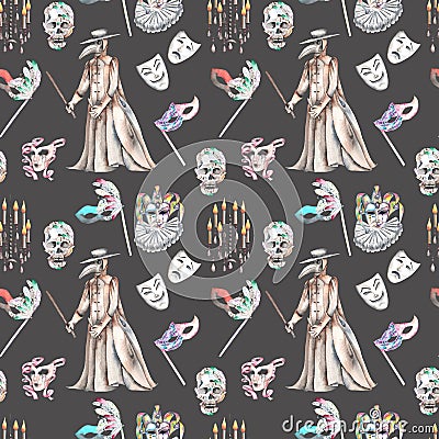 Masquerade theme seamless pattern with skulls, chandeliers with candles, plague doctor costume and masks in Venetian style Stock Photo