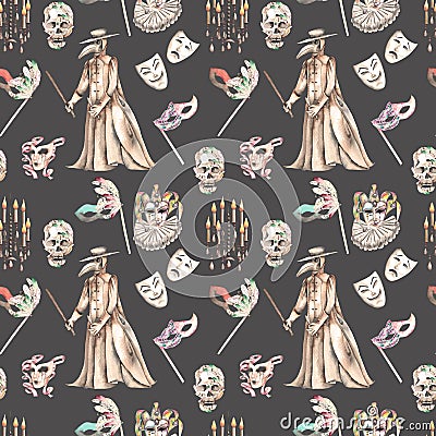 Masquerade theme seamless pattern with skulls, chandeliers with candles, plague doctor costume and masks in Venetian style Stock Photo