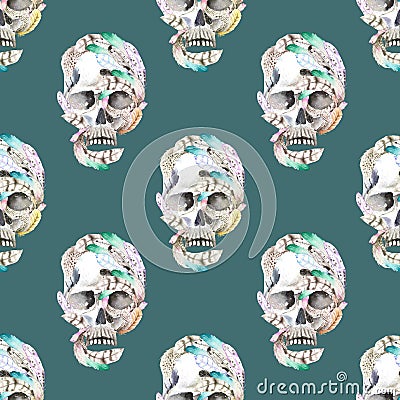 Masquerade theme seamless pattern with watercolor skulls in feathers Stock Photo