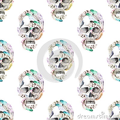 Masquerade theme seamless pattern with watercolor skulls in feathers Stock Photo