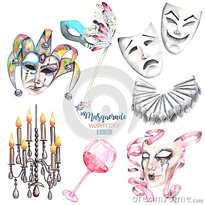 Masquerade theme set with masks in Venetian style, theater masks and elements of carnival Stock Photo