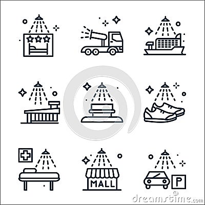 Mass disinfection line icons. linear set. quality vector line set such as cars, mall, beds, shoes, bench, subway, cruise ship, Vector Illustration