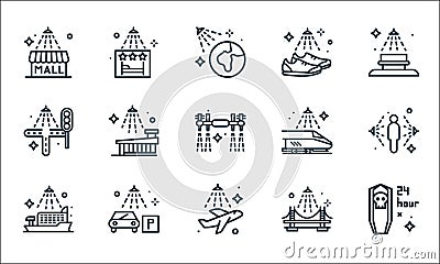 Mass disinfection line icons. linear set. quality vector line set such as funeral, airplane, cruise ship, bridge, cars, streets, Vector Illustration