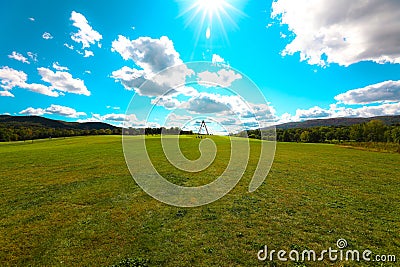 Mass energy equivalence formula sculpture, by Mark di Suvero in Storm King Art Center Stock Photo