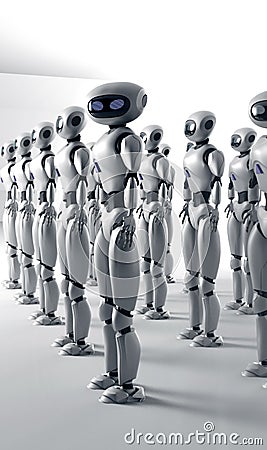 Mass of many robots. A crowd of android cyborg. 3d render Stock Photo