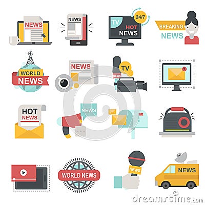 Mass media icons set with telecommunications radio beaking news broadcast TV or website symbols flat isolated vector Vector Illustration