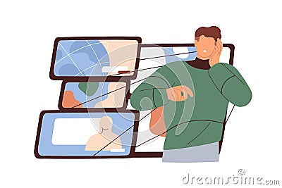 Mass media manipulation concept. Persons mind under influence, impact, control of propaganda. Man attached to Vector Illustration