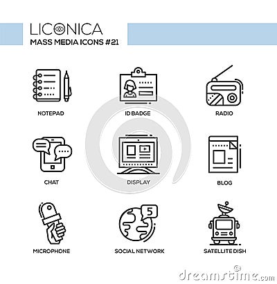 Mass Media - monochromatic modern single line icons set Vector Illustration