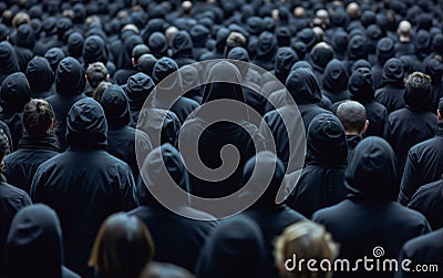 A mass of people dressed in black, indistinguishable, seen from behind. Concept of homologation and unique thought Stock Photo