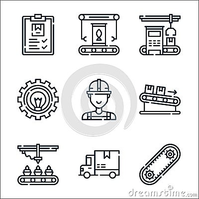 Mass production line icons. linear set. quality vector line set such as automation, delivery truck, cupcakes, packages, worker, Vector Illustration