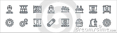mass production line icons. linear set. quality vector line set such as package, hard hat, automation, productivity, food, Vector Illustration