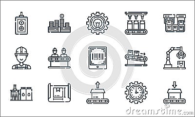 Mass production line icons. linear set. quality vector line set such as packaging, unboxing, industry, productivity, package, Vector Illustration