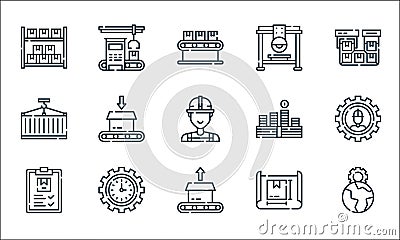 mass production line icons. linear set. quality vector line set such as world, unboxing, clipboard, package, productivity, Vector Illustration