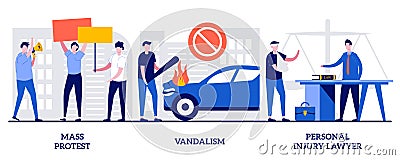 Mass protest, vandalism, personal injury lawyer concept with tiny people. Riots outrage vector illustration set. Demonstration, Cartoon Illustration