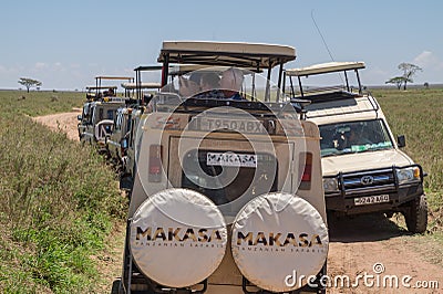 Mass tourism: Safari tourists looking for wild animals Editorial Stock Photo