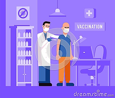 Mass Vaccination. Doctor inject vaccine to the patient. Vector Illustration