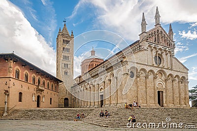 View at the Cathedral of Saint Cerbonius with Bell tower at the Garibaldi place in Massa Marittima - Italy Editorial Stock Photo