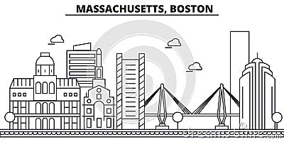 Massachusetts, Boston architecture line skyline illustration. Linear vector cityscape with famous landmarks, city sights Vector Illustration