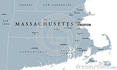 Massachusetts, gray political map, Commonwealth of Massachusetts, MA Vector Illustration