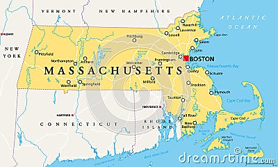 Massachusetts, political map, Commonwealth of Massachusetts, MA Vector Illustration
