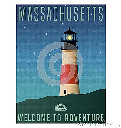 Massachusetts, United States travel poster or luggage sticker Vector Illustration