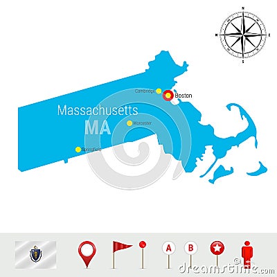 Massachusetts Vector Map Isolated on White. High Detailed Silhouette of Massachusetts. Official Flag of Massachusetts Vector Illustration