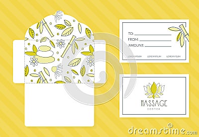 Massage Center Business Card and Envelope, Alternative Medicine Invitation Template Vector Illustration Stock Photo