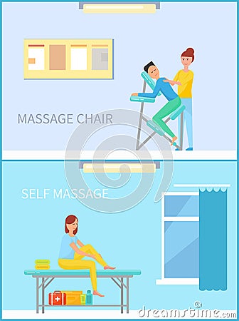 Massage Chair and Self Massaging Woman Set Vector Vector Illustration