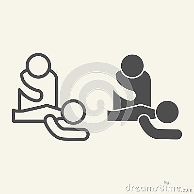 Massage line and solid icon. Professional masseur and patient outline style pictogram on white background. Spa massage Vector Illustration