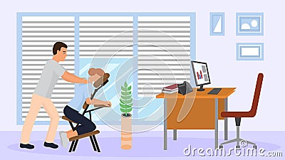 Massage at office workplace with portable massage chair vector illustration. Vector Illustration